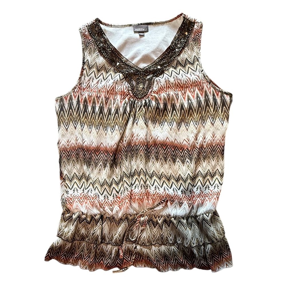 Roz & Ali LargeChevron Blouse Sleeveless Beaded Deco Neckline Layered Look